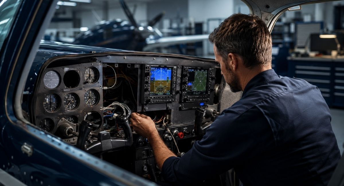 Aircraft panel retrofit in progress with modern avionics installation