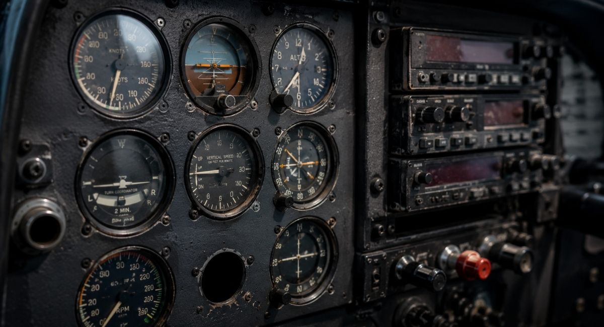 Legacy aircraft panel with older analog avionics and instruments
