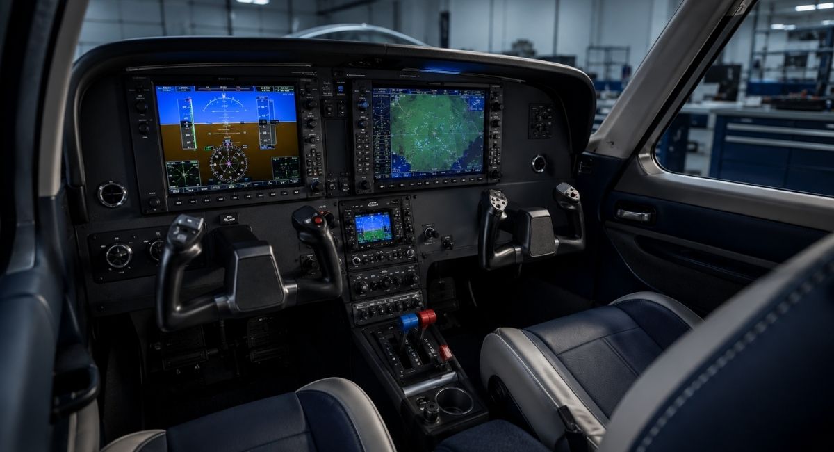 Modern aircraft cockpit with glass cockpit avionics and upgraded panel