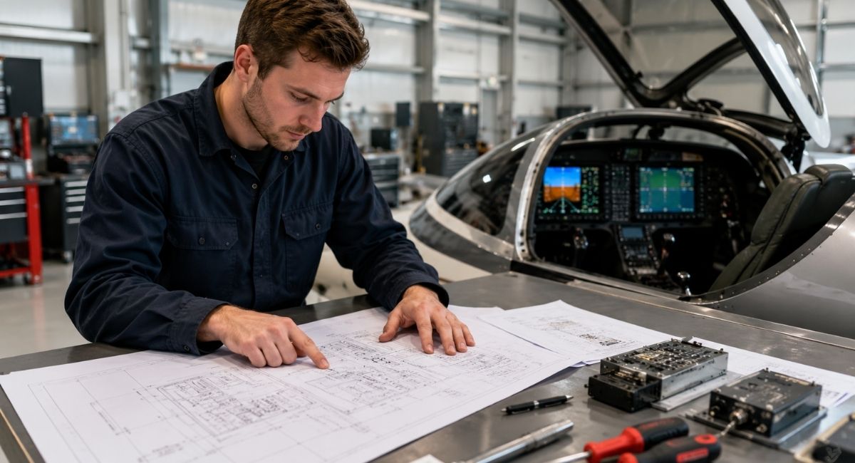 Avionics technician planning Garmin navigator installation in aircraft cockpit