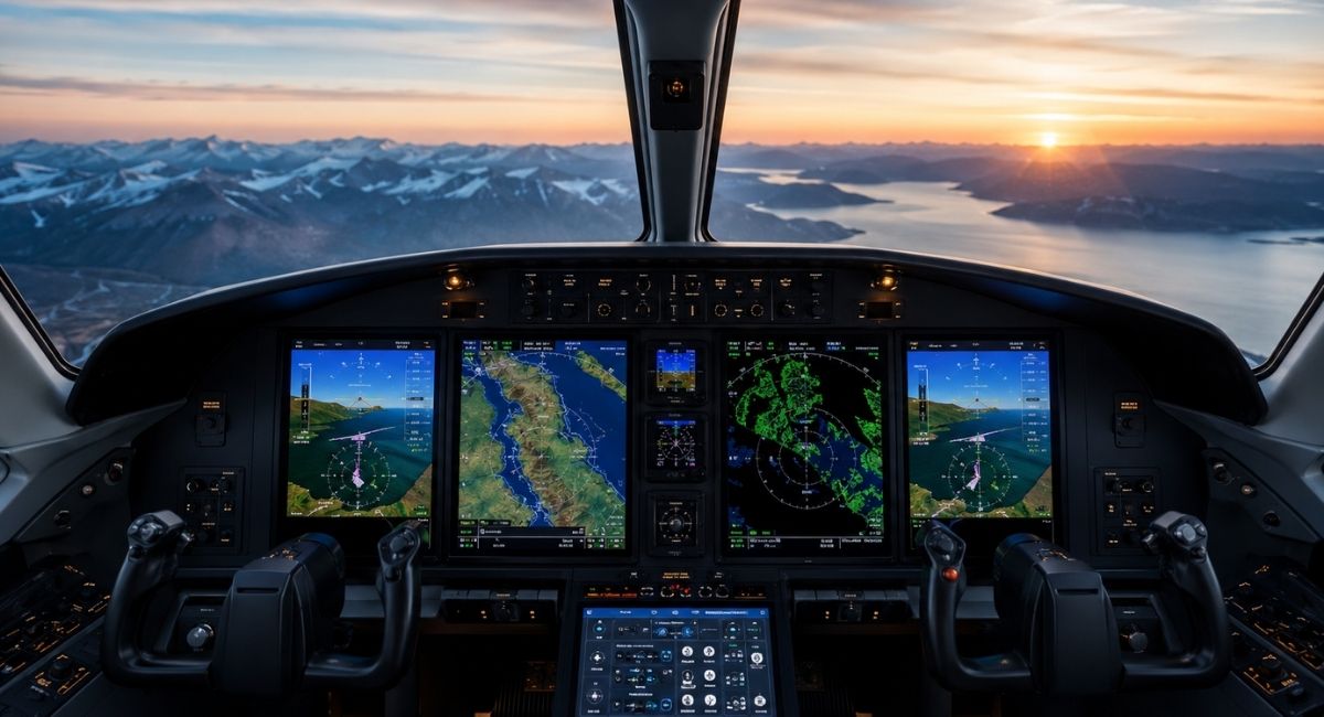 Modern aircraft flight display showing cockpit information for improved situational awareness