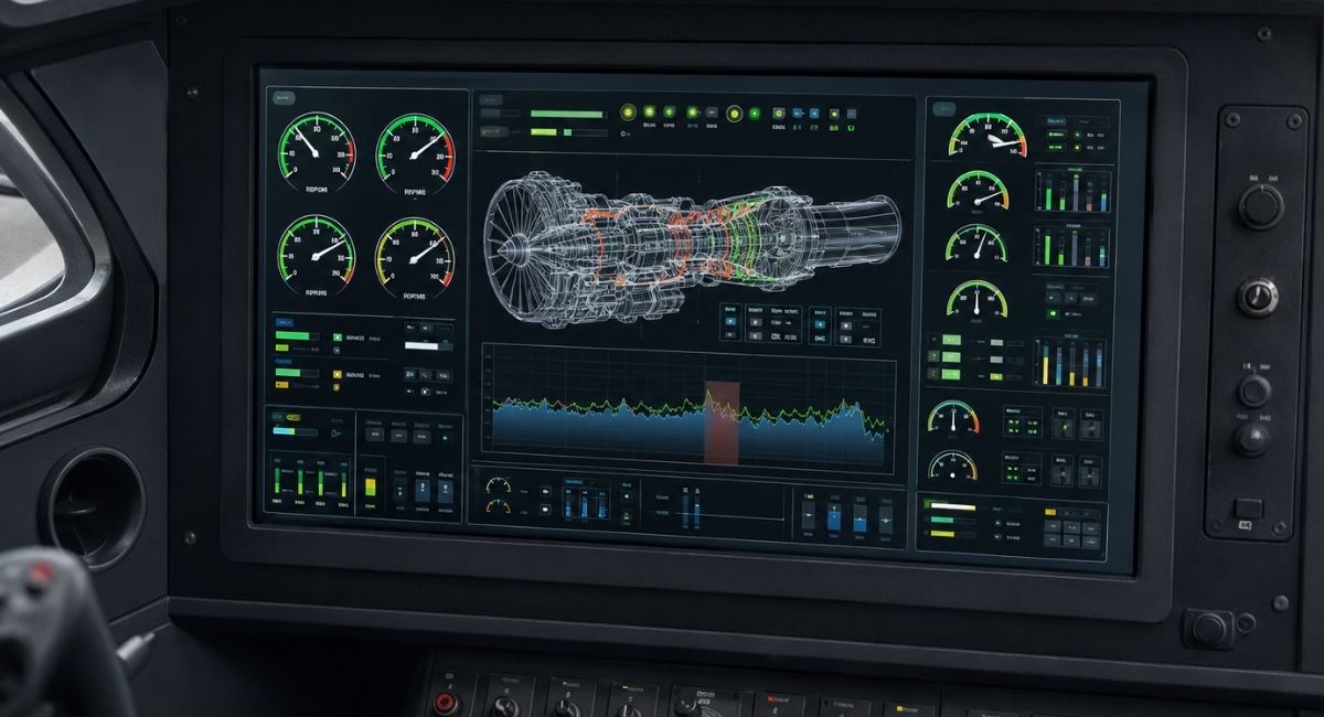 Aircraft cockpit display with engine monitoring and digital avionics information