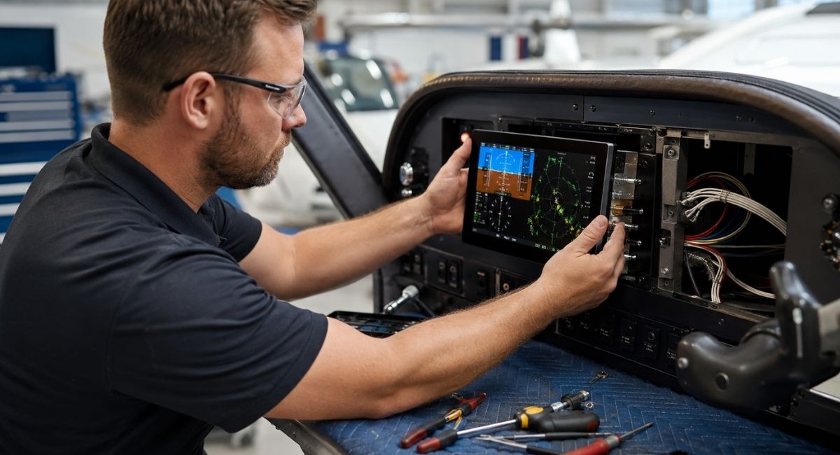 Avionics technician installing a modern Garmin flight display into an aircraft panel